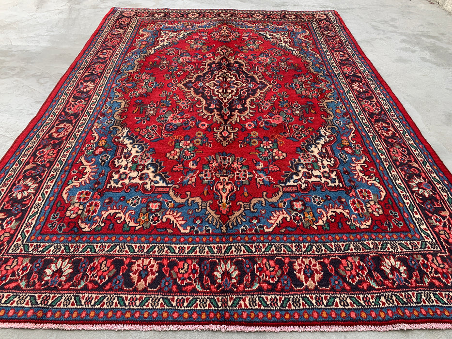 Handmade Persian Wool Area Rug 7x10 - Red, Blue & Ivory Traditional Medallion Persian Style Rug - Exact Size 9'9" x 7'0" - KBHM-1086