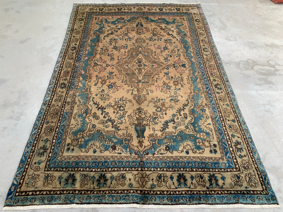 Handmade Persian Wool Area Rug 7x10 - Ivory & Blue Traditional Floral Medallion Persian Style Rug - Exact Size 10'2" x 6'6" - KBHM-1088