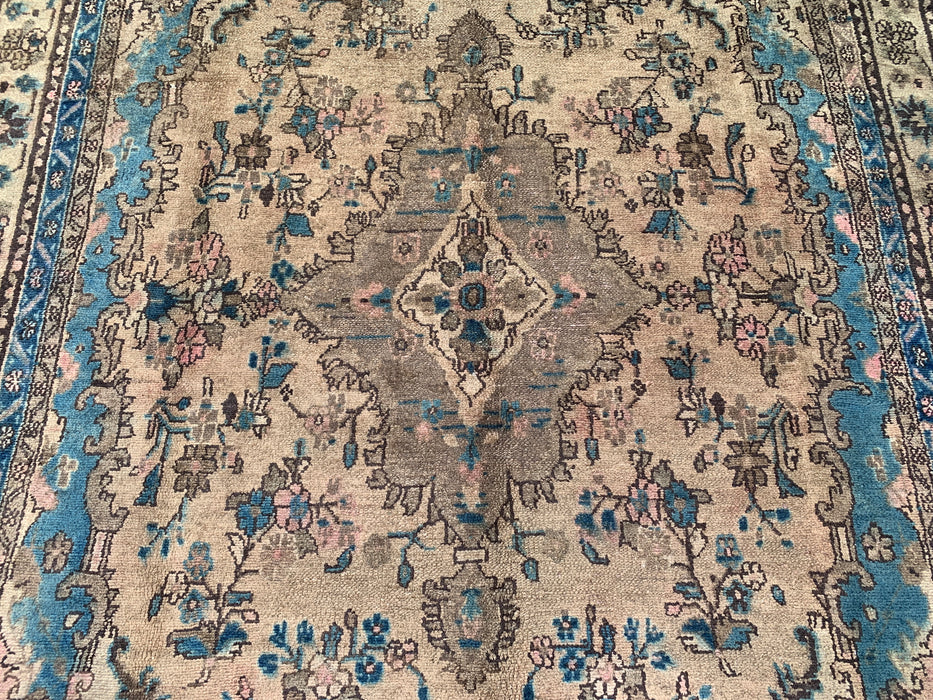 Handmade Persian Wool Area Rug 7x10 - Ivory & Blue Traditional Floral Medallion Persian Style Rug - Exact Size 10'2" x 6'6" - KBHM-1088