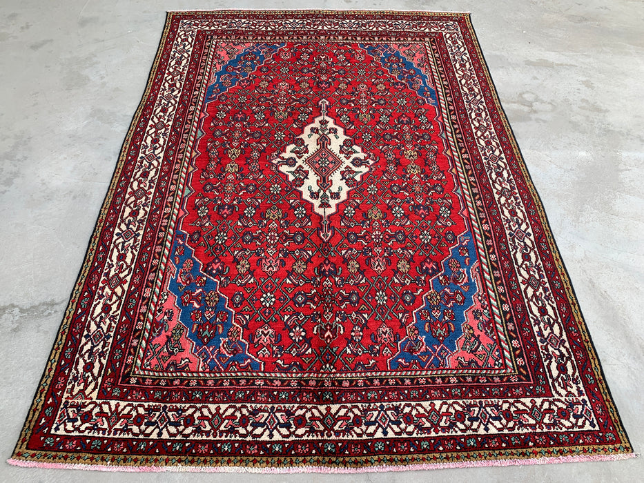 Handmade Persian Wool Area Rug 7x10 - Red, Blue & Ivory Traditional Medallion Persian Style Rug - Exact Size 10'0" x 6'11" - KBHM-1093