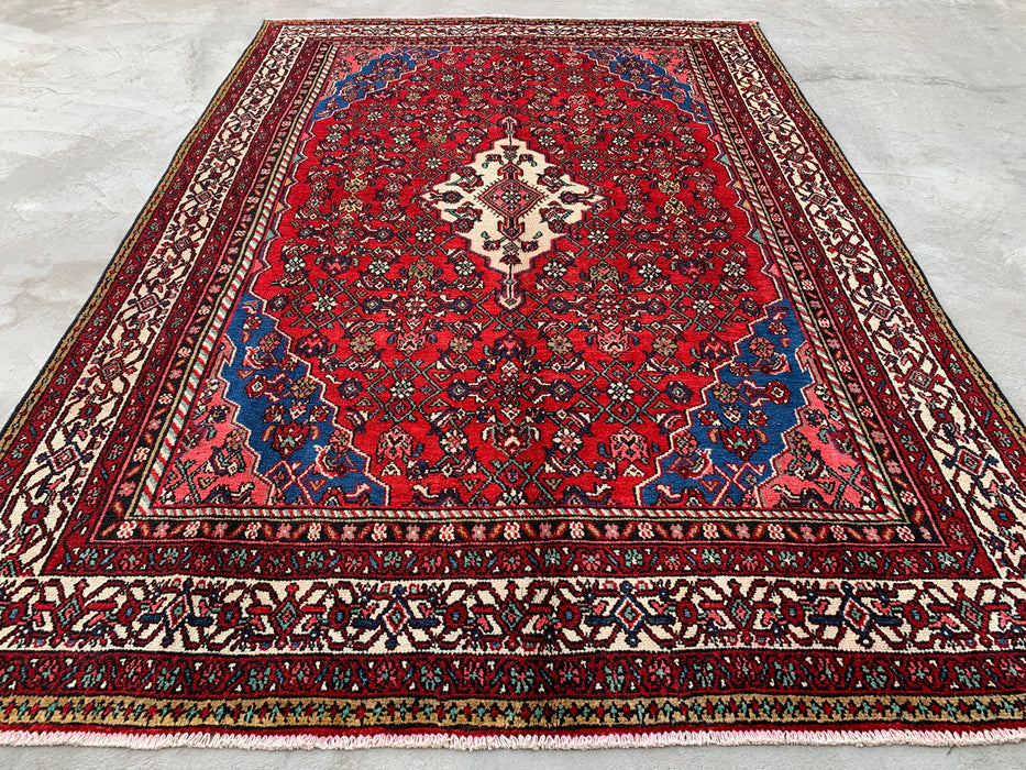Handmade Persian Wool Area Rug 7x10 - Red, Blue & Ivory Traditional Medallion Persian Style Rug - Exact Size 10'0" x 6'11" - KBHM-1093