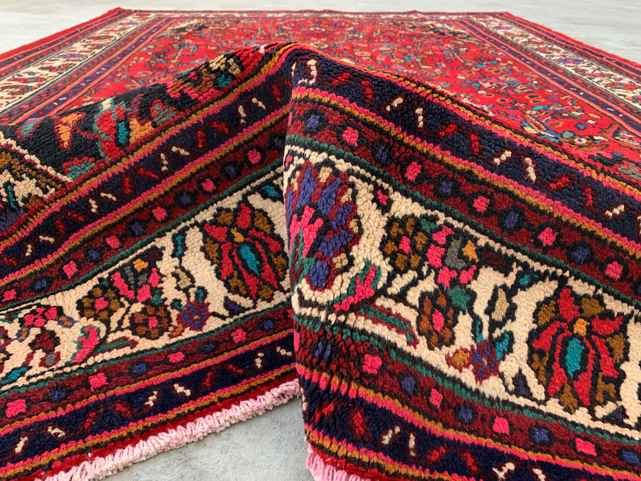 Handmade Persian Wool Area Rug 7x10 - Red, Ivory & Navy Traditional Floral Medallion Persian Style Rug - Exact Size 9'10" x 7'1" - KBHM-1094