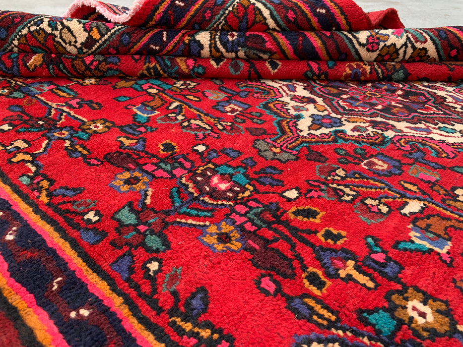 Handmade Persian Wool Area Rug 7x10 - Red, Ivory & Navy Traditional Floral Medallion Persian Style Rug - Exact Size 9'10" x 7'1" - KBHM-1094