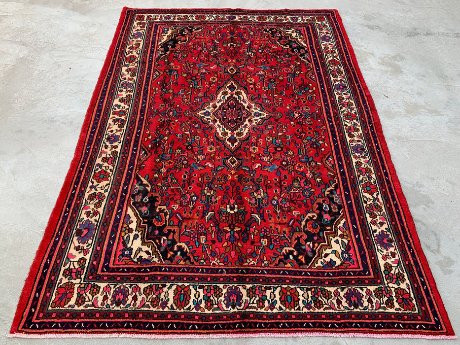 Handmade Persian Wool Area Rug 7x10 - Red, Ivory & Navy Traditional Floral Medallion Persian Style Rug - Exact Size 9'10" x 7'1" - KBHM-1094