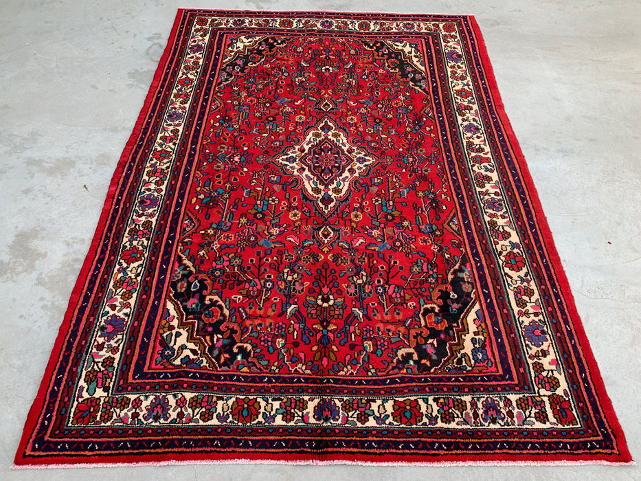 Handmade Persian Wool Area Rug 7x10 - Red, Ivory & Navy Traditional Floral Medallion Persian Style Rug - Exact Size 9'10" x 7'1" - KBHM-1094