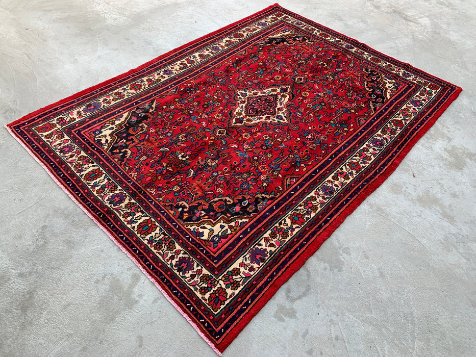 Handmade Persian Wool Area Rug 7x10 - Red, Ivory & Navy Traditional Floral Medallion Persian Style Rug - Exact Size 9'10" x 7'1" - KBHM-1094
