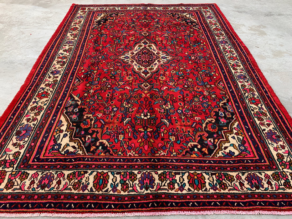 Handmade Persian Wool Area Rug 7x10 - Red, Ivory & Navy Traditional Floral Medallion Persian Style Rug - Exact Size 9'10" x 7'1" - KBHM-1094