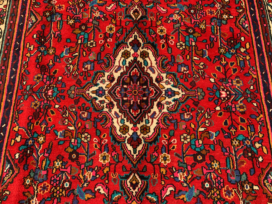Handmade Persian Wool Area Rug 7x10 - Red, Ivory & Navy Traditional Floral Medallion Persian Style Rug - Exact Size 9'10" x 7'1" - KBHM-1094