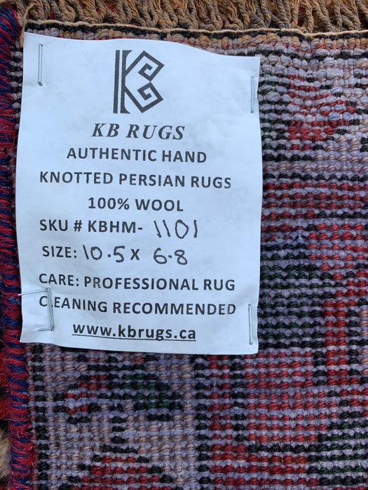 Handmade Persian Wool Area Rug 7x10 - Red, Ivory & Brown Panel Persian Style Rug - Exact Size 10'5" x 6'8" - KBHM-1101