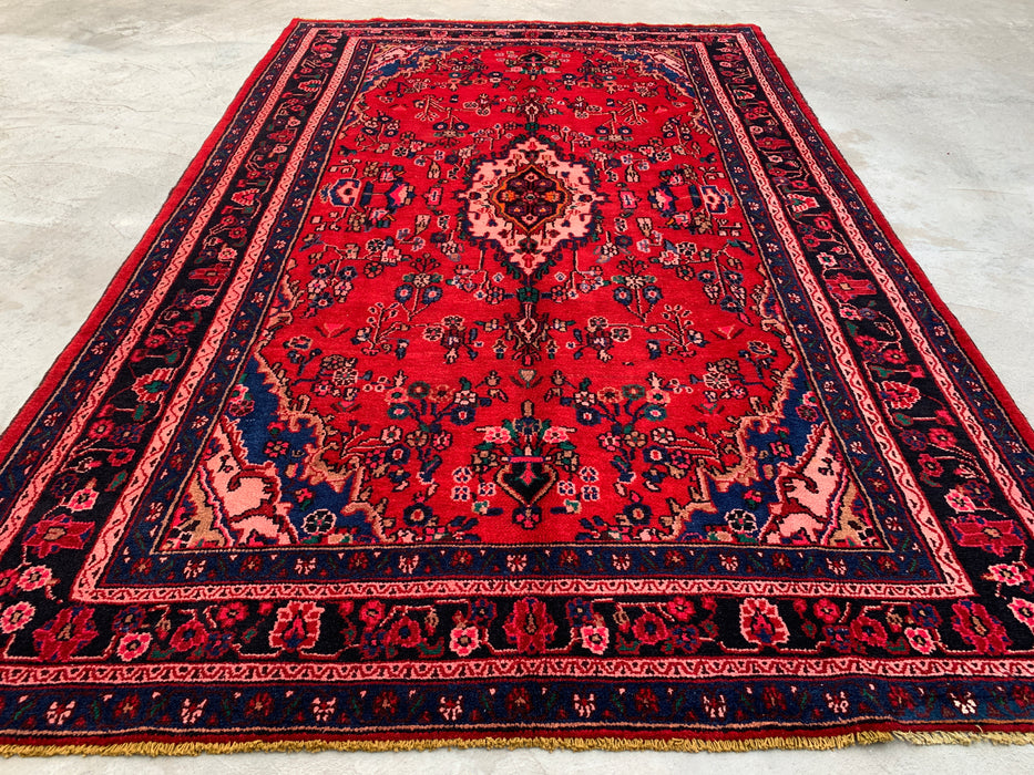 Handmade Persian Wool Area Rug 7x10 - Red, Navy & Ivory Traditional Medallion Persian Style Rug - Exact Size 10'8" x 6'11" - KBHM-1103