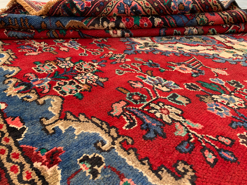 Handmade Persian Wool Area Rug 7x10 - Red, Blue & Ivory Traditional Floral Persian Style Rug - Exact Size 9'8" x 6'9" - KBHM-1104