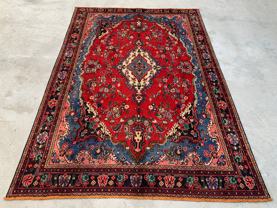 Handmade Persian Wool Area Rug 7x10 - Red, Blue & Ivory Traditional Floral Persian Style Rug - Exact Size 9'8" x 6'9" - KBHM-1104