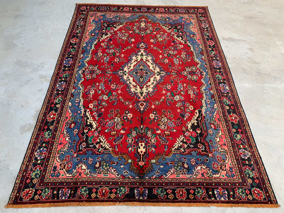 Handmade Persian Wool Area Rug 7x10 - Red, Blue & Ivory Traditional Floral Persian Style Rug - Exact Size 9'8" x 6'9" - KBHM-1104