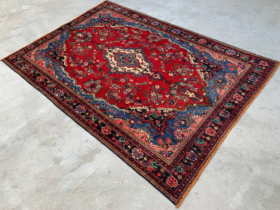 Handmade Persian Wool Area Rug 7x10 - Red, Blue & Ivory Traditional Floral Persian Style Rug - Exact Size 9'8" x 6'9" - KBHM-1104