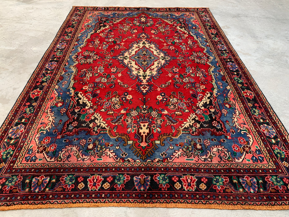 Handmade Persian Wool Area Rug 7x10 - Red, Blue & Ivory Traditional Floral Persian Style Rug - Exact Size 9'8" x 6'9" - KBHM-1104