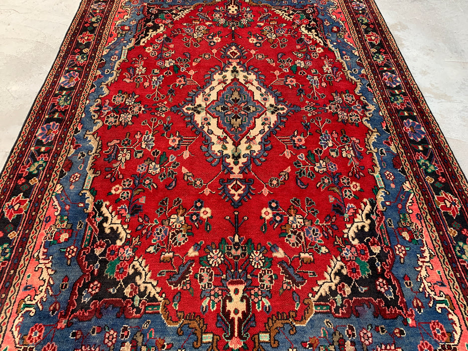 Handmade Persian Wool Area Rug 7x10 - Red, Blue & Ivory Traditional Floral Persian Style Rug - Exact Size 9'8" x 6'9" - KBHM-1104