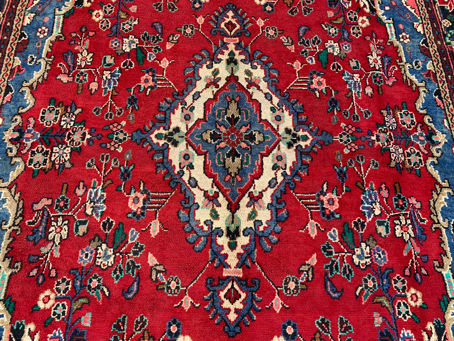 Handmade Persian Wool Area Rug 7x10 - Red, Blue & Ivory Traditional Floral Persian Style Rug - Exact Size 9'8" x 6'9" - KBHM-1104
