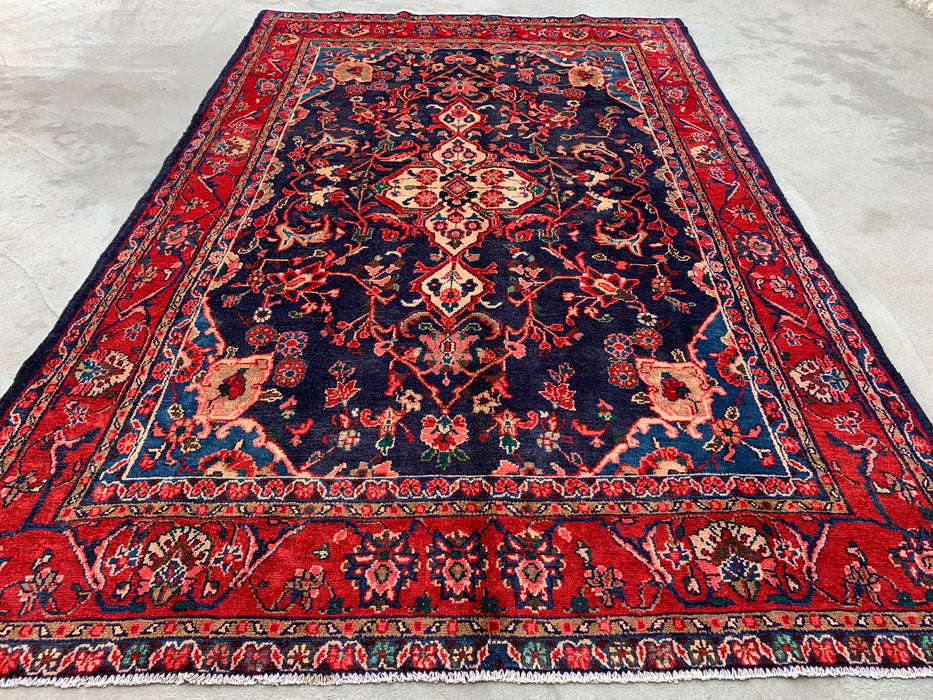 Handmade Persian Wool Area Rug 7x10 - Navy & Red Persian Style Rug - Exact Size 9'3" x 6'2" - KBHM-1125
