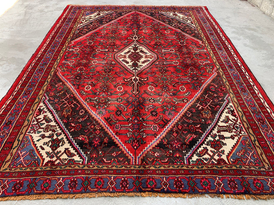 Handmade Persian Wool Area Rug 7x10 - Red & Blue Persian Style Rug - Exact Size 9'11" x 7'4" - KBHM-1139