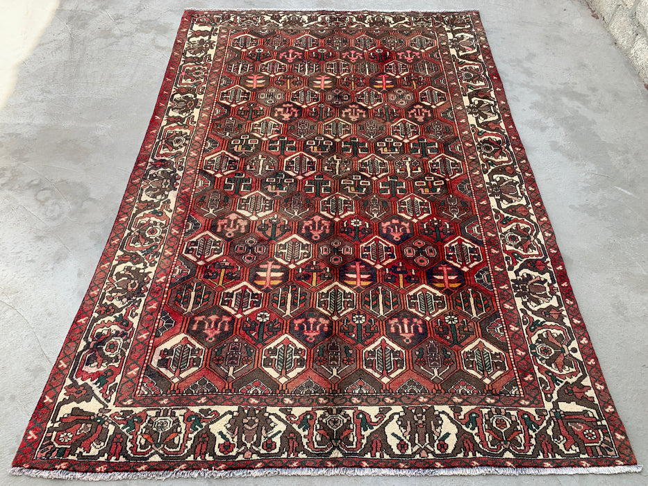 Handmade Persian Wool Area Rug 7x10 - Burgundy, Brown Black & Ivory Persian Style Rug - Exact Size 9'10" x 6'9" - KBHM-1140