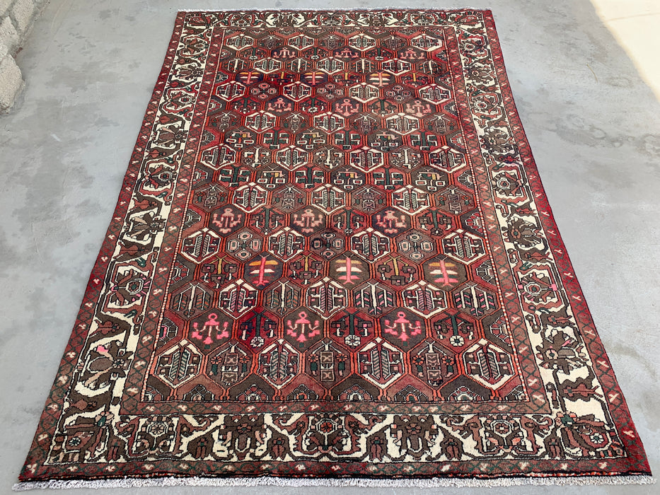 Handmade Persian Wool Area Rug 7x10 - Burgundy, Brown Black & Ivory Persian Style Rug - Exact Size 9'10" x 6'9" - KBHM-1140