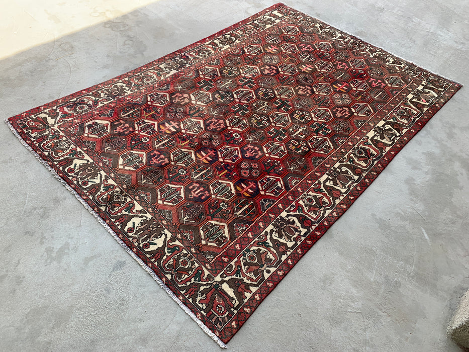 Handmade Persian Wool Area Rug 7x10 - Burgundy, Brown Black & Ivory Persian Style Rug - Exact Size 9'10" x 6'9" - KBHM-1140