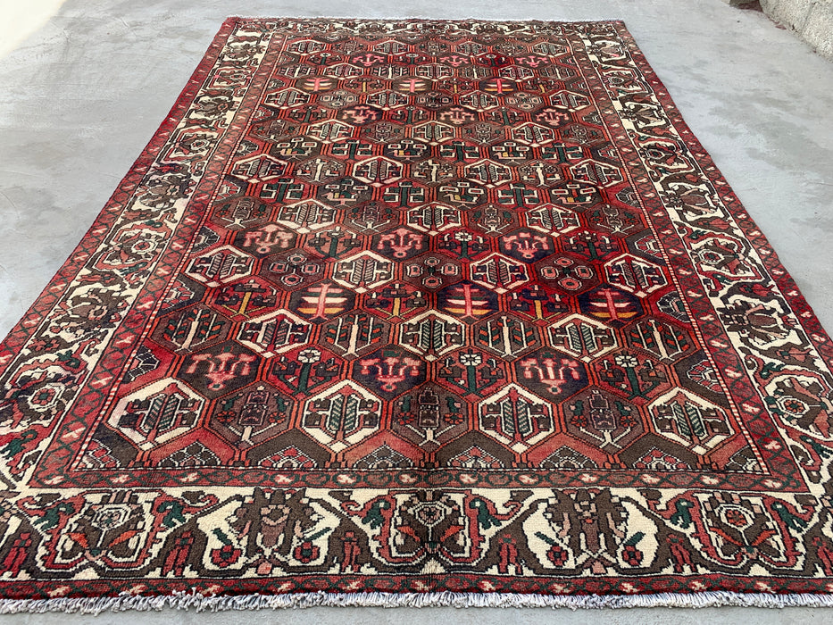Handmade Persian Wool Area Rug 7x10 - Burgundy, Brown Black & Ivory Persian Style Rug - Exact Size 9'10" x 6'9" - KBHM-1140
