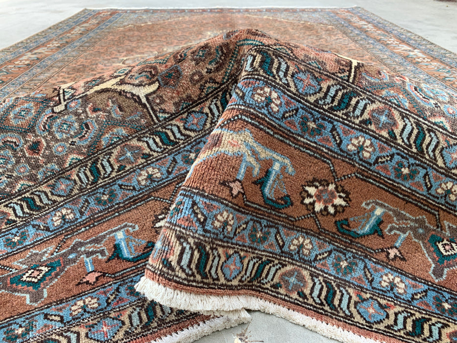 Handmade Persian Wool Area Rug 7x10 - Taupe, Blue & Brown Traditional Medallion Persian Style Rug - Exact Size 9'2" x 6'6" - KBHM-1144