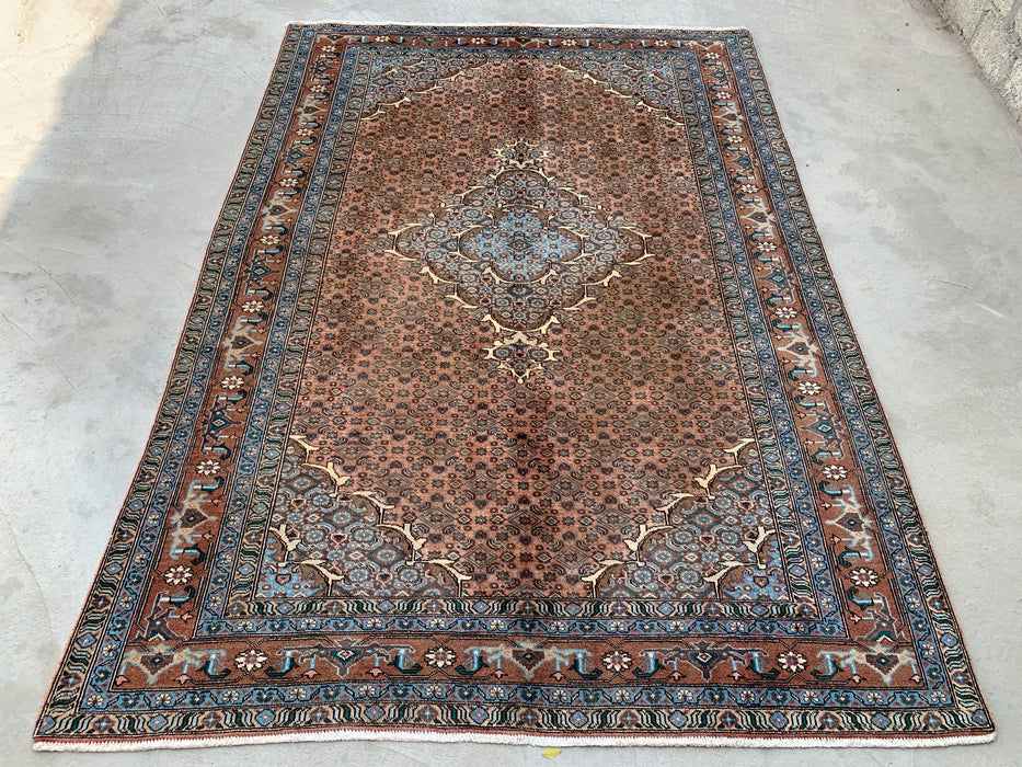 Handmade Persian Wool Area Rug 7x10 - Taupe, Blue & Brown Traditional Medallion Persian Style Rug - Exact Size 9'2" x 6'6" - KBHM-1144