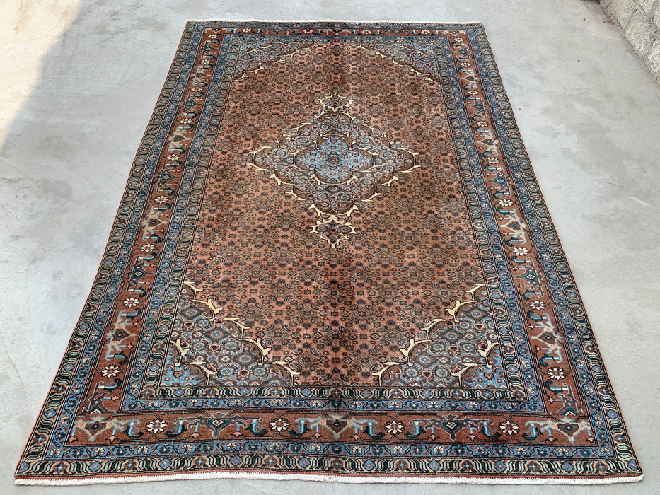 Handmade Persian Wool Area Rug 7x10 - Taupe, Blue & Brown Traditional Medallion Persian Style Rug - Exact Size 9'2" x 6'6" - KBHM-1144