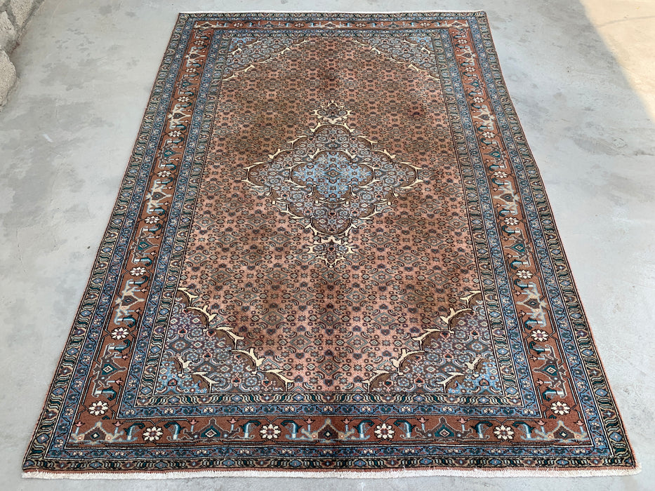 Handmade Persian Wool Area Rug 7x10 - Taupe, Blue & Brown Traditional Medallion Persian Style Rug - Exact Size 9'2" x 6'6" - KBHM-1144