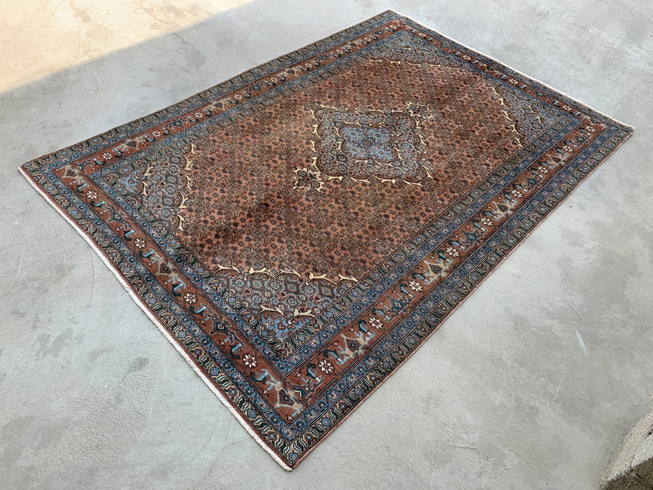 Handmade Persian Wool Area Rug 7x10 - Taupe, Blue & Brown Traditional Medallion Persian Style Rug - Exact Size 9'2" x 6'6" - KBHM-1144