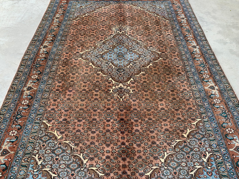 Handmade Persian Wool Area Rug 7x10 - Taupe, Blue & Brown Traditional Medallion Persian Style Rug - Exact Size 9'2" x 6'6" - KBHM-1144