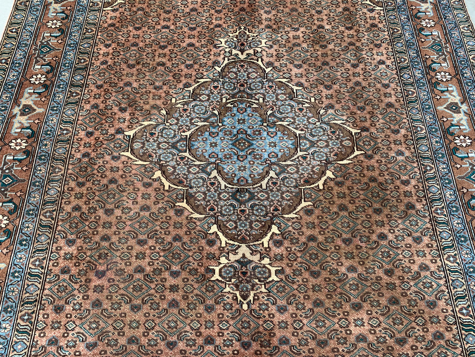 Handmade Persian Wool Area Rug 7x10 - Taupe, Blue & Brown Traditional Medallion Persian Style Rug - Exact Size 9'2" x 6'6" - KBHM-1144
