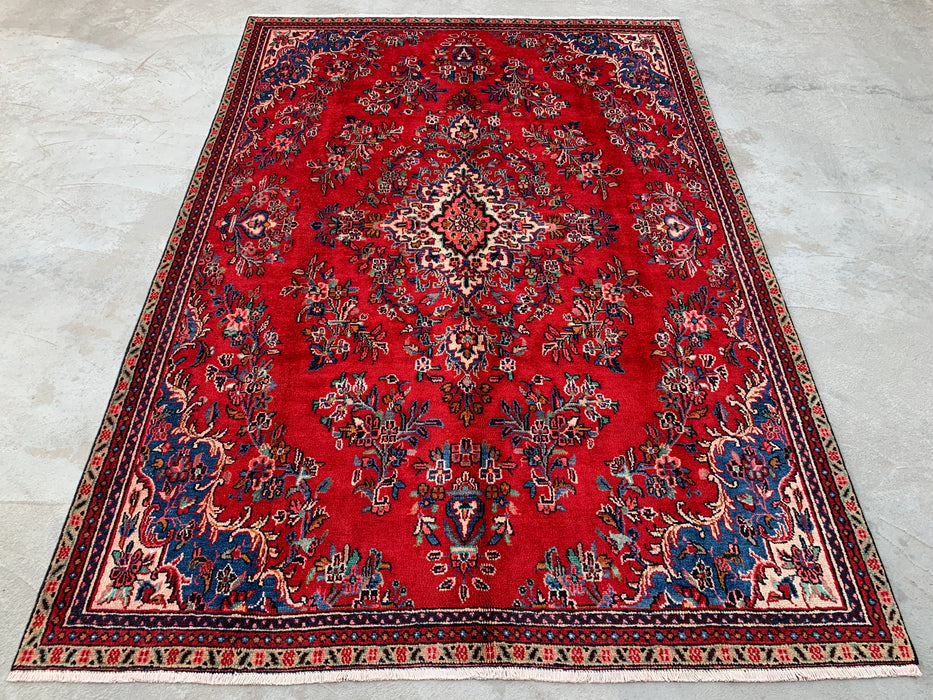 Handmade Persian Wool Area Rug 7x10 - Red, Blue & Ivory Traditional Floral Persian Style Rug - Exact Size 10'2" x 7'0" - KBHM-1149