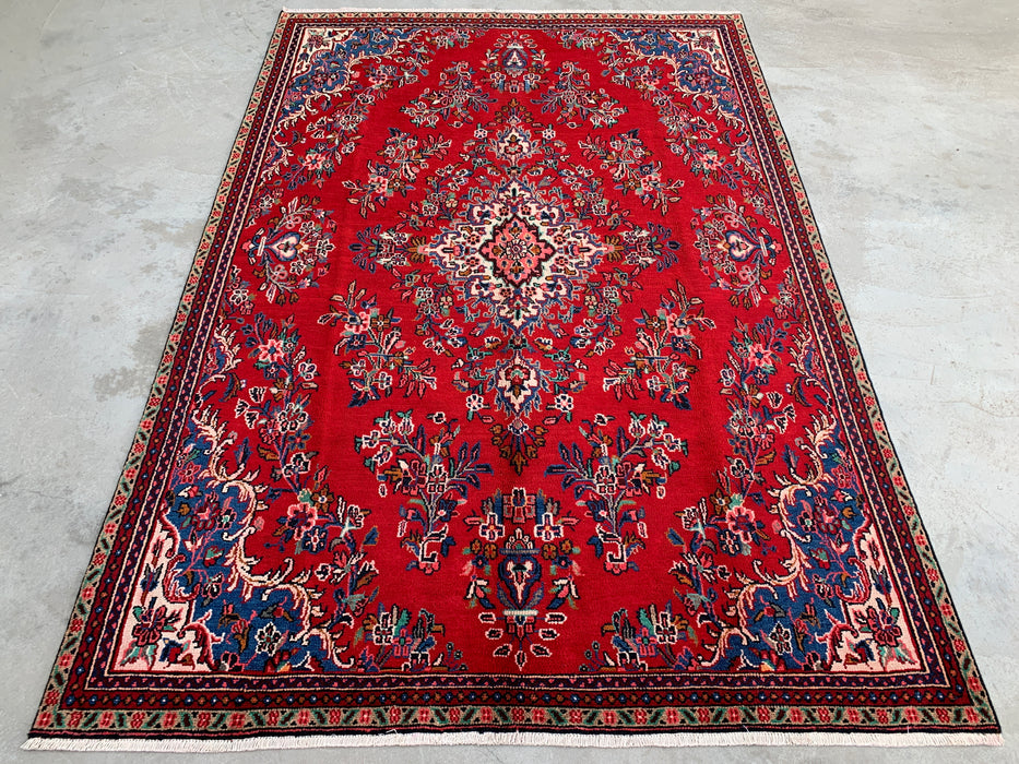 Handmade Persian Wool Area Rug 7x10 - Red, Blue & Ivory Traditional Floral Persian Style Rug - Exact Size 10'2" x 7'0" - KBHM-1149