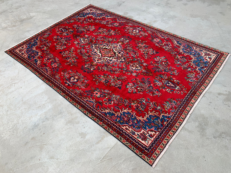 Handmade Persian Wool Area Rug 7x10 - Red, Blue & Ivory Traditional Floral Persian Style Rug - Exact Size 10'2" x 7'0" - KBHM-1149
