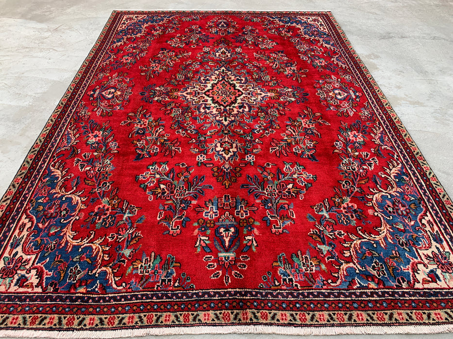 Handmade Persian Wool Area Rug 7x10 - Red, Blue & Ivory Traditional Floral Persian Style Rug - Exact Size 10'2" x 7'0" - KBHM-1149