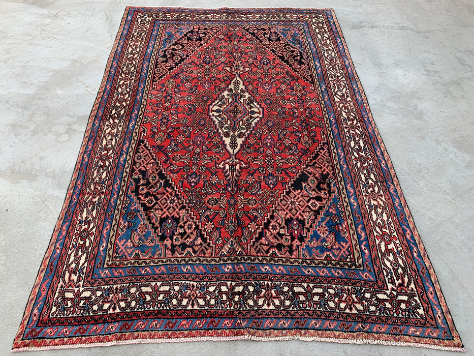 Handmade Persian Wool Area Rug 7x10 - Red, Blue, Ivory & Blush Traditional Medallion Persian Style Rug - Exact Size 10'4" x 6'9" - KBHM-1150