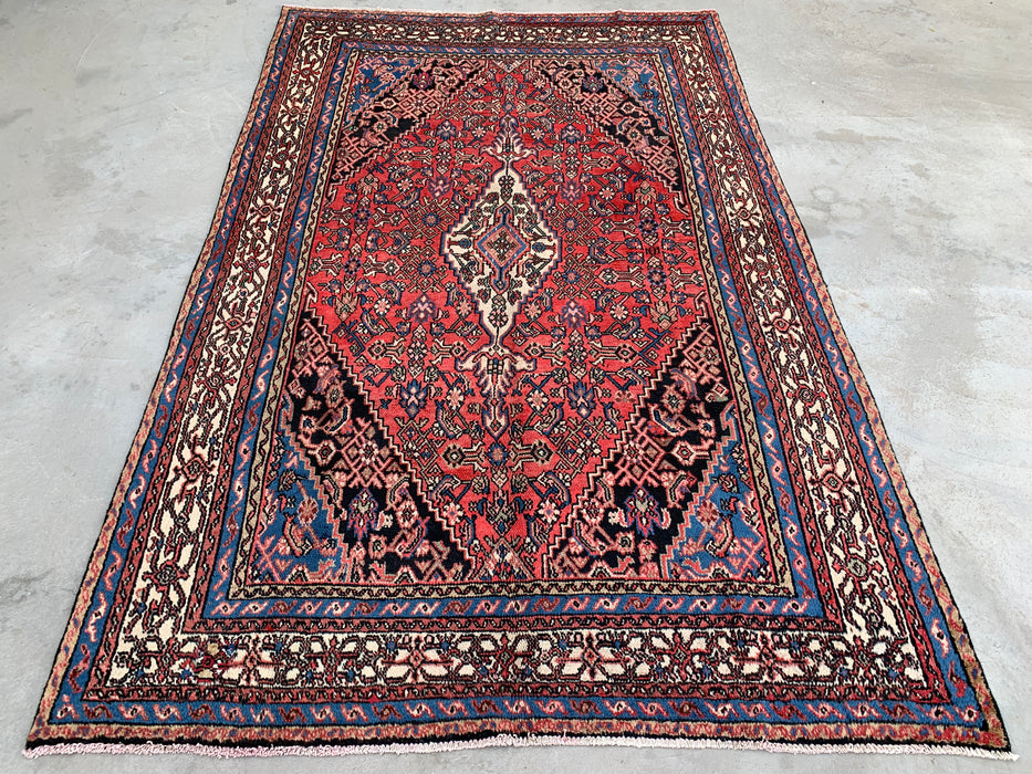 Handmade Persian Wool Area Rug 7x10 - Red, Blue, Ivory & Blush Traditional Medallion Persian Style Rug - Exact Size 10'4" x 6'9" - KBHM-1150