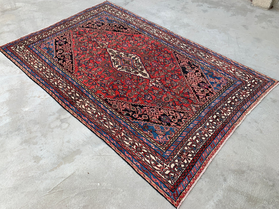 Handmade Persian Wool Area Rug 7x10 - Red, Blue, Ivory & Blush Traditional Medallion Persian Style Rug - Exact Size 10'4" x 6'9" - KBHM-1150