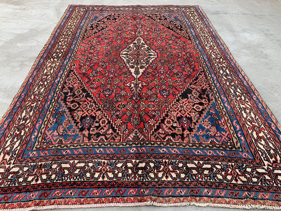 Handmade Persian Wool Area Rug 7x10 - Red, Blue, Ivory & Blush Traditional Medallion Persian Style Rug - Exact Size 10'4" x 6'9" - KBHM-1150