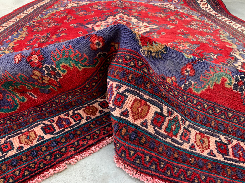 Handmade Persian Wool Area Rug 7x10 - Red & Navy Floral Medallion Persian Style Rug - Exact Size 9'10" x 6'10" - KBHM-1152