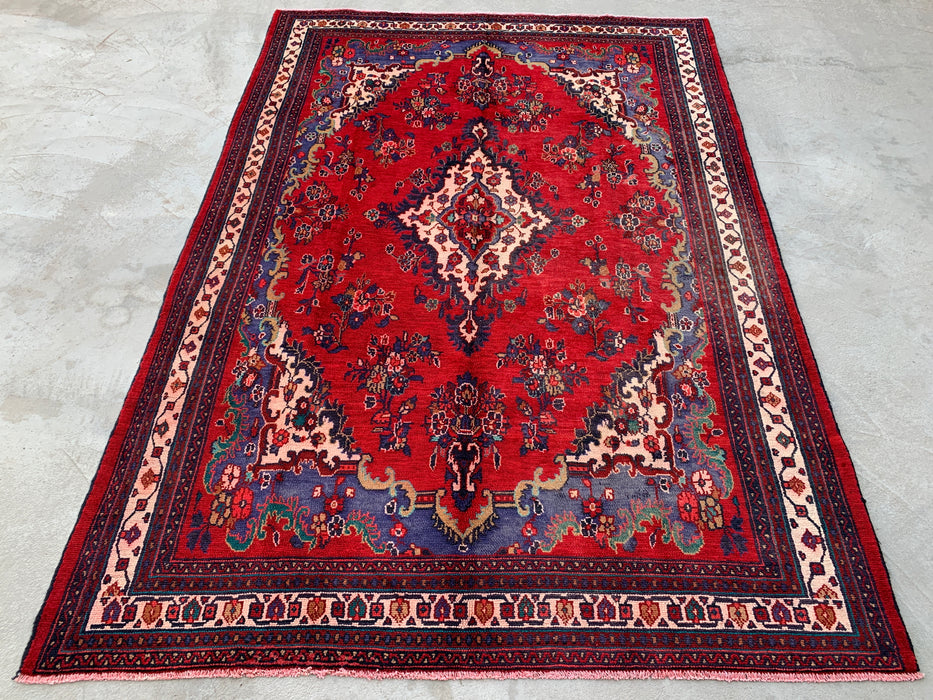 Handmade Persian Wool Area Rug 7x10 - Red & Navy Floral Medallion Persian Style Rug - Exact Size 9'10" x 6'10" - KBHM-1152