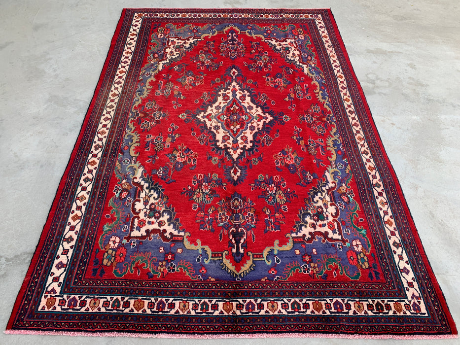Handmade Persian Wool Area Rug 7x10 - Red & Navy Floral Medallion Persian Style Rug - Exact Size 9'10" x 6'10" - KBHM-1152