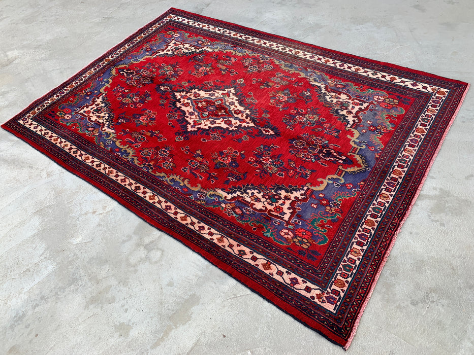 Handmade Persian Wool Area Rug 7x10 - Red & Navy Floral Medallion Persian Style Rug - Exact Size 9'10" x 6'10" - KBHM-1152
