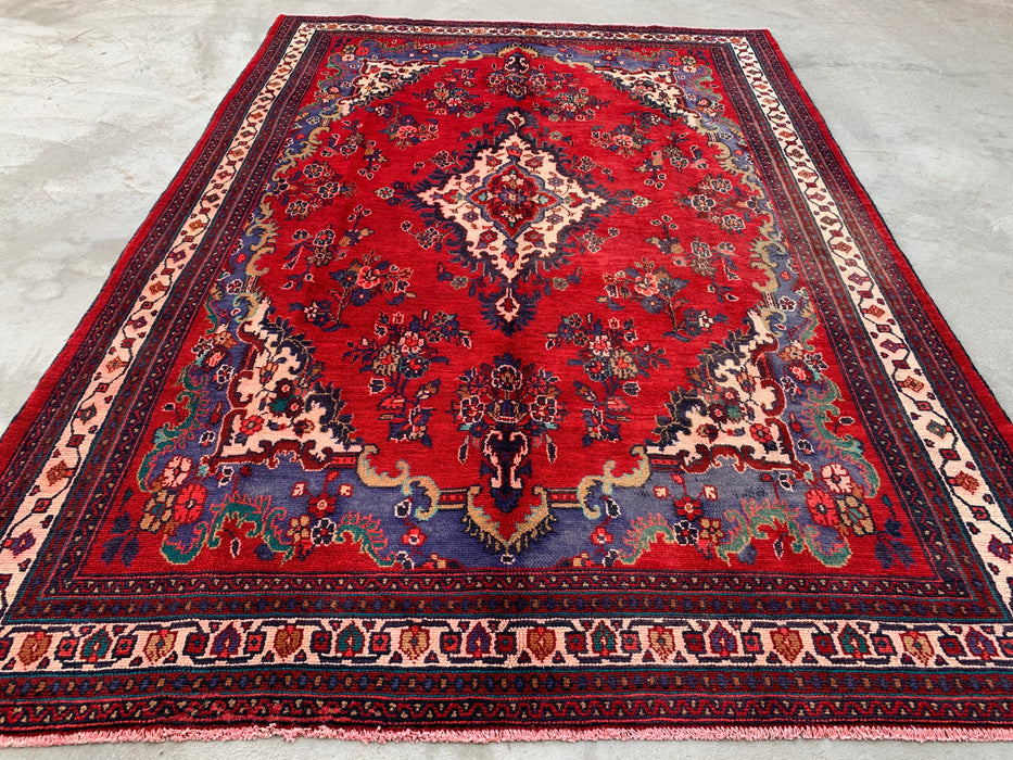 Handmade Persian Wool Area Rug 7x10 - Red & Navy Floral Medallion Persian Style Rug - Exact Size 9'10" x 6'10" - KBHM-1152
