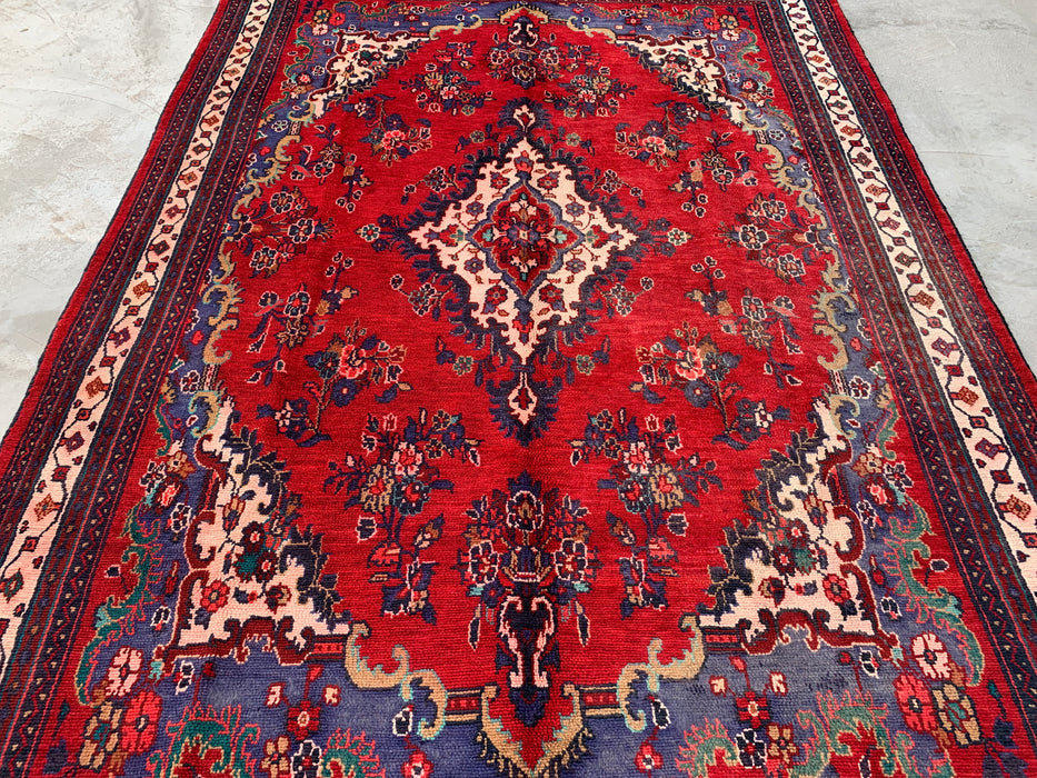 Handmade Persian Wool Area Rug 7x10 - Red & Navy Floral Medallion Persian Style Rug - Exact Size 9'10" x 6'10" - KBHM-1152