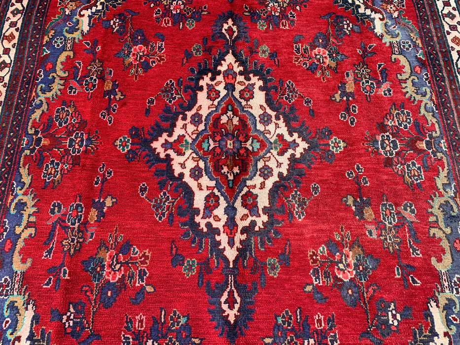Handmade Persian Wool Area Rug 7x10 - Red & Navy Floral Medallion Persian Style Rug - Exact Size 9'10" x 6'10" - KBHM-1152