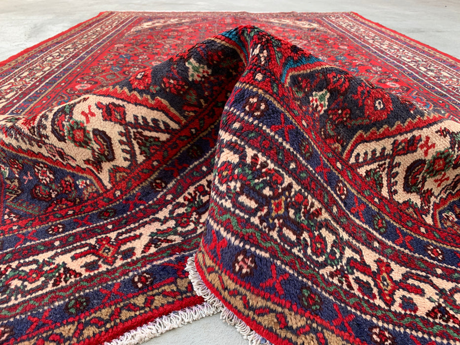 Handmade Persian Wool Area Rug 7x10 - Red, Ivory & Navy Traditional Medallion Persian Style Rug - Exact Size 10'3" x 6'8" - KBHM-1176